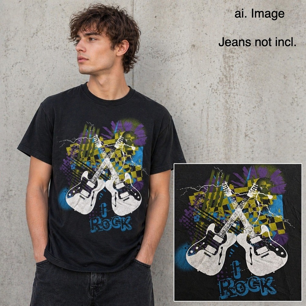 Rock Guitar‎ Graphic T Shirt Men M. Black Short Sleeve Band Style Music Grunge